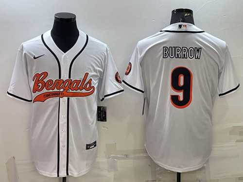 Men%27s Cincinnati Bengals #9 Joe Burrow White With Patch Cool Base Stitched Baseball Jersey